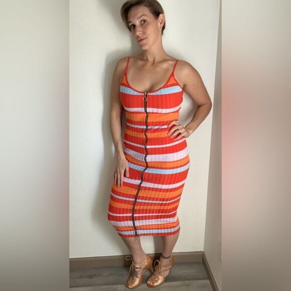 Fashion Nova Midi Dress Ribbed Stripe Dual Zipper Going Out - Picture 2 of 10